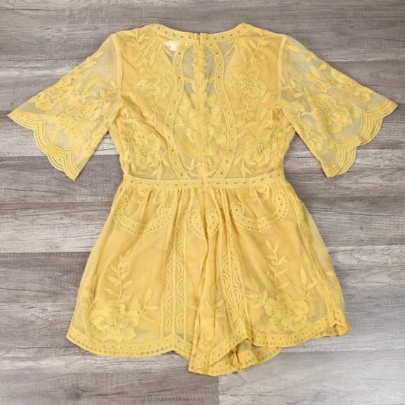 Honey Punch As You Wish Golden Yellow Plunge Front Lace Romper - Picture 6 of 8